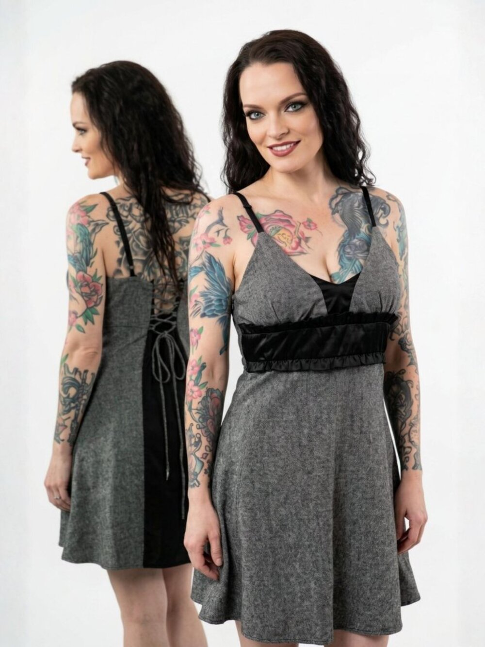 Wet Seal ✦ Lace-Up Ruffle Mini Dress ✦ Gray Black Adjustable Straps Size M